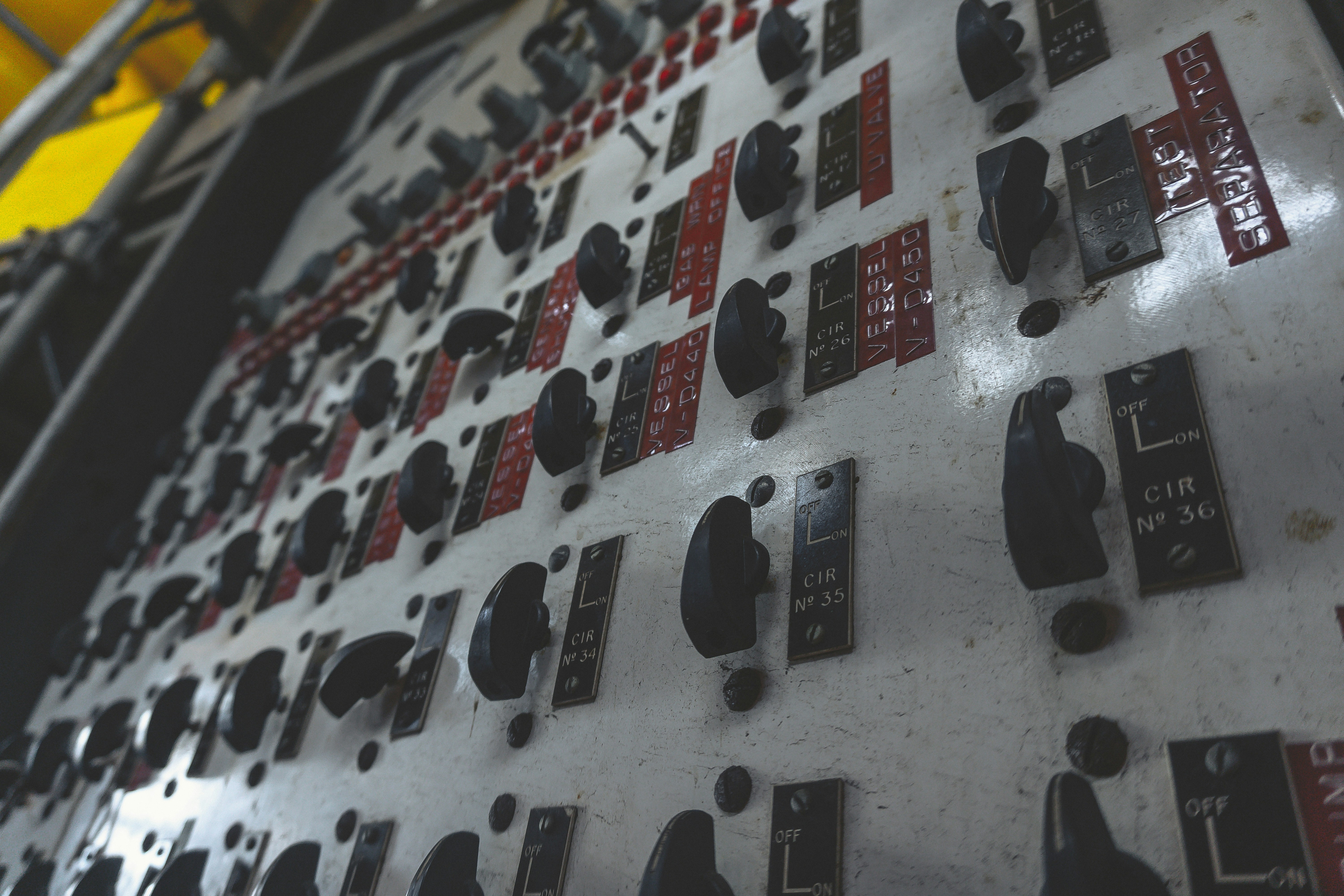 Close-up of switchgear breaker panel controls